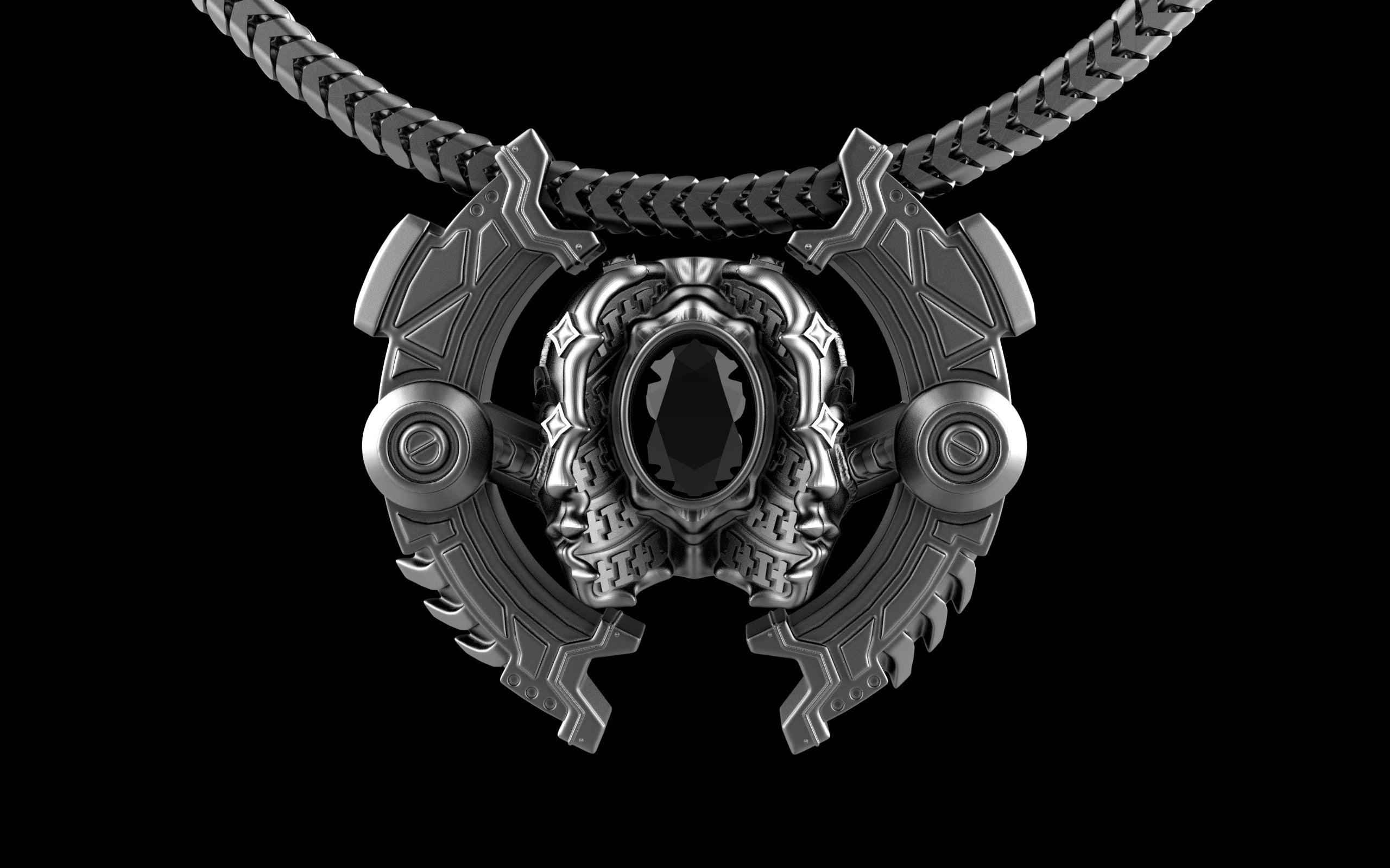 "Omnipresence" Biomechanical Cyberpunk Gemstone Pendant with Chain - Sterling Silver / Brass / Bronze