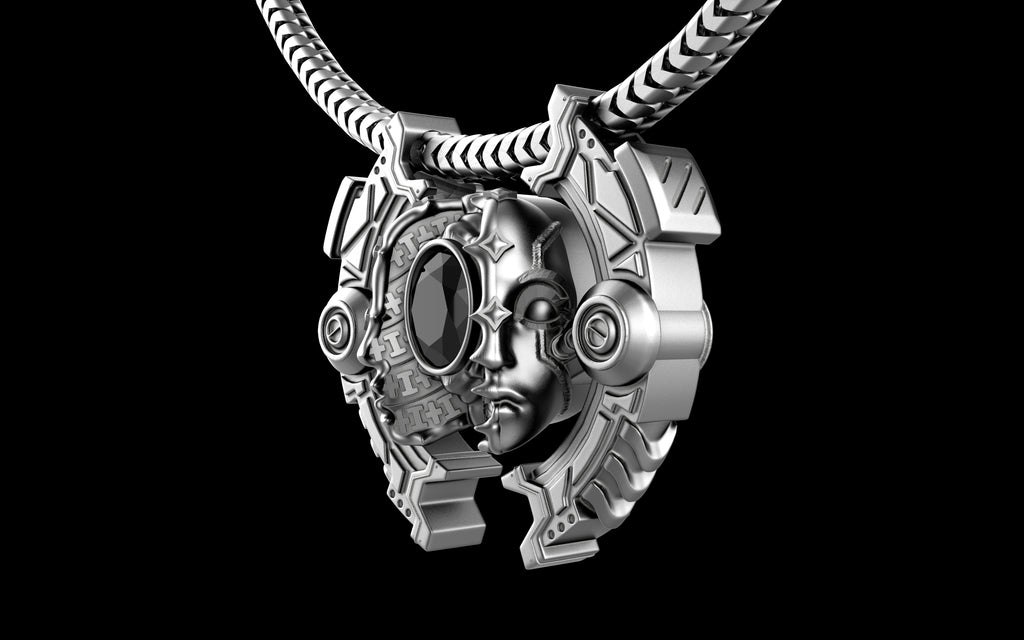 "Omnipresence" Biomechanical Cyberpunk Gemstone Pendant with Chain - Sterling Silver / Brass / Bronze