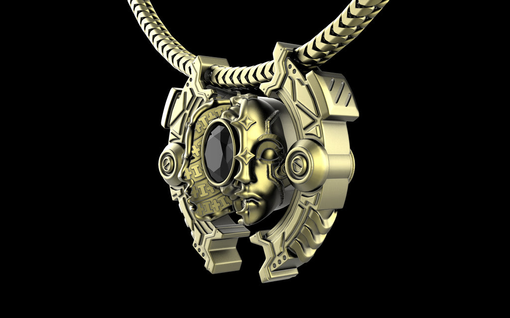 "Omnipresence" Biomechanical Cyberpunk Gemstone Pendant with Chain - Sterling Silver / Brass / Bronze