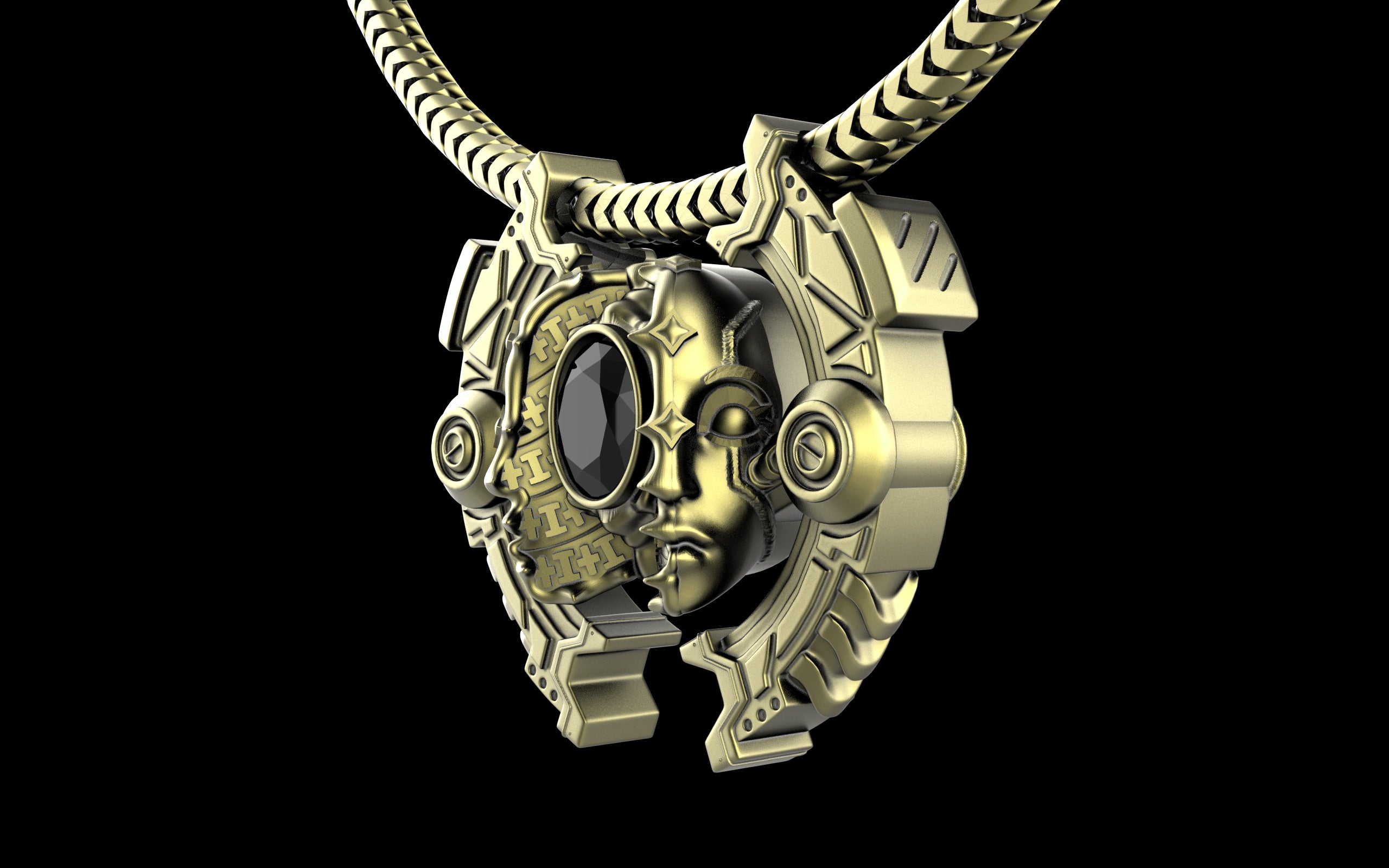 "Omnipresence" Biomechanical Cyberpunk Gemstone Pendant with Chain - Sterling Silver / Brass / Bronze