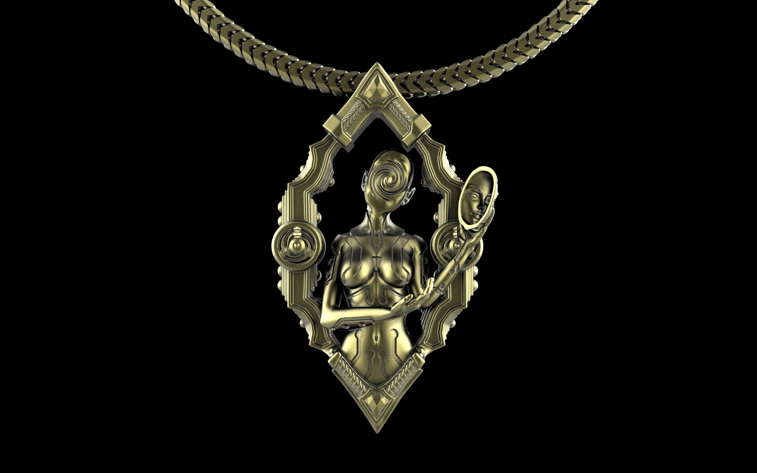 "Void Gaze" Biomechanical Cyberpunk Pendant with Chain - Sterling Silver / Brass / Bronze