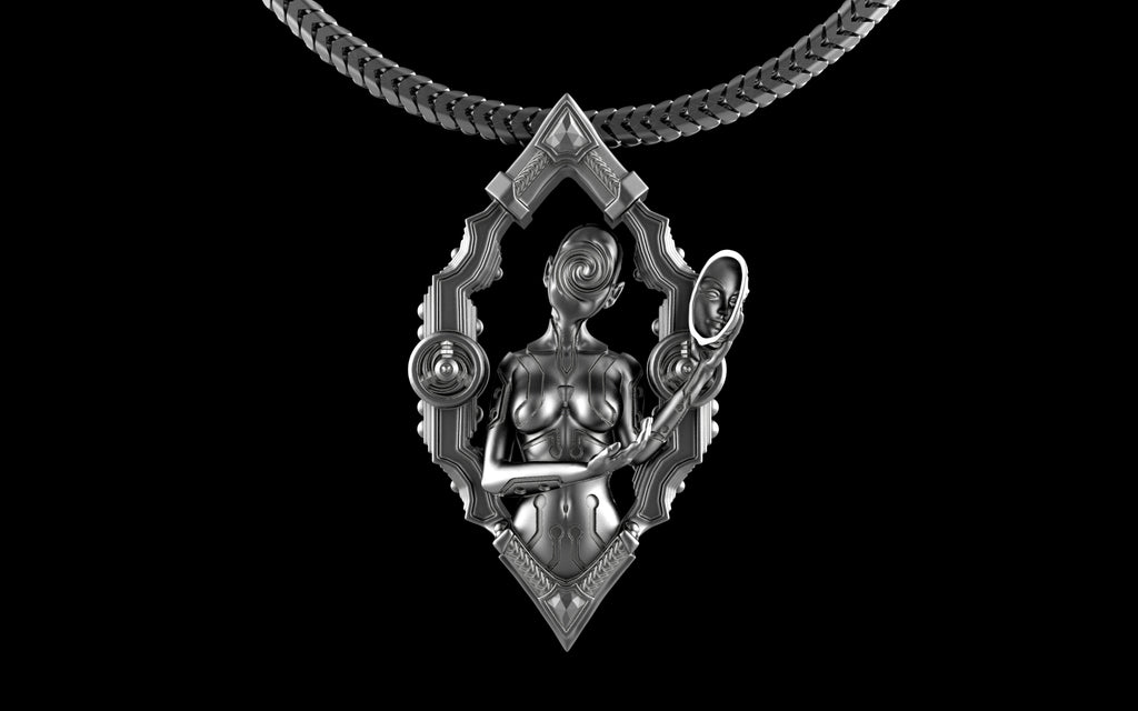 "Void Gaze" Biomechanical Cyberpunk Pendant with Chain - Sterling Silver / Brass / Bronze