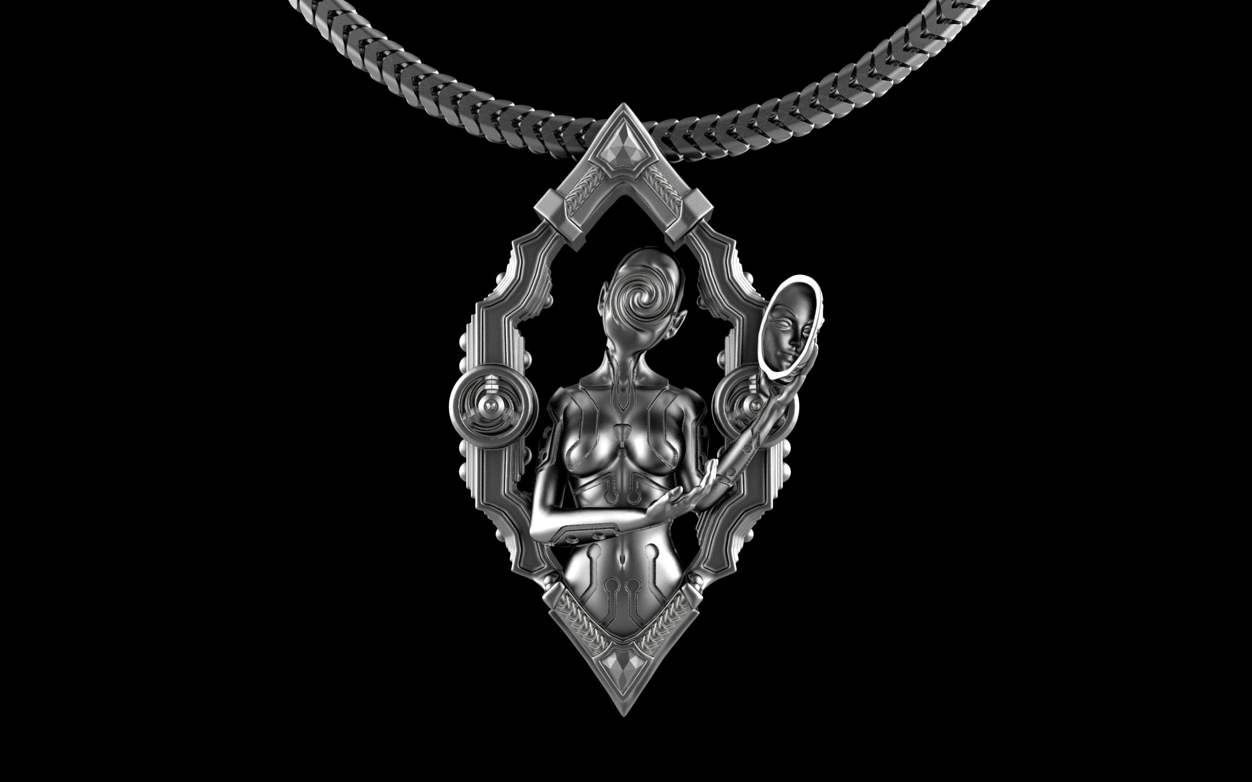 "Void Gaze" Biomechanical Cyberpunk Pendant with Chain - Sterling Silver / Brass / Bronze