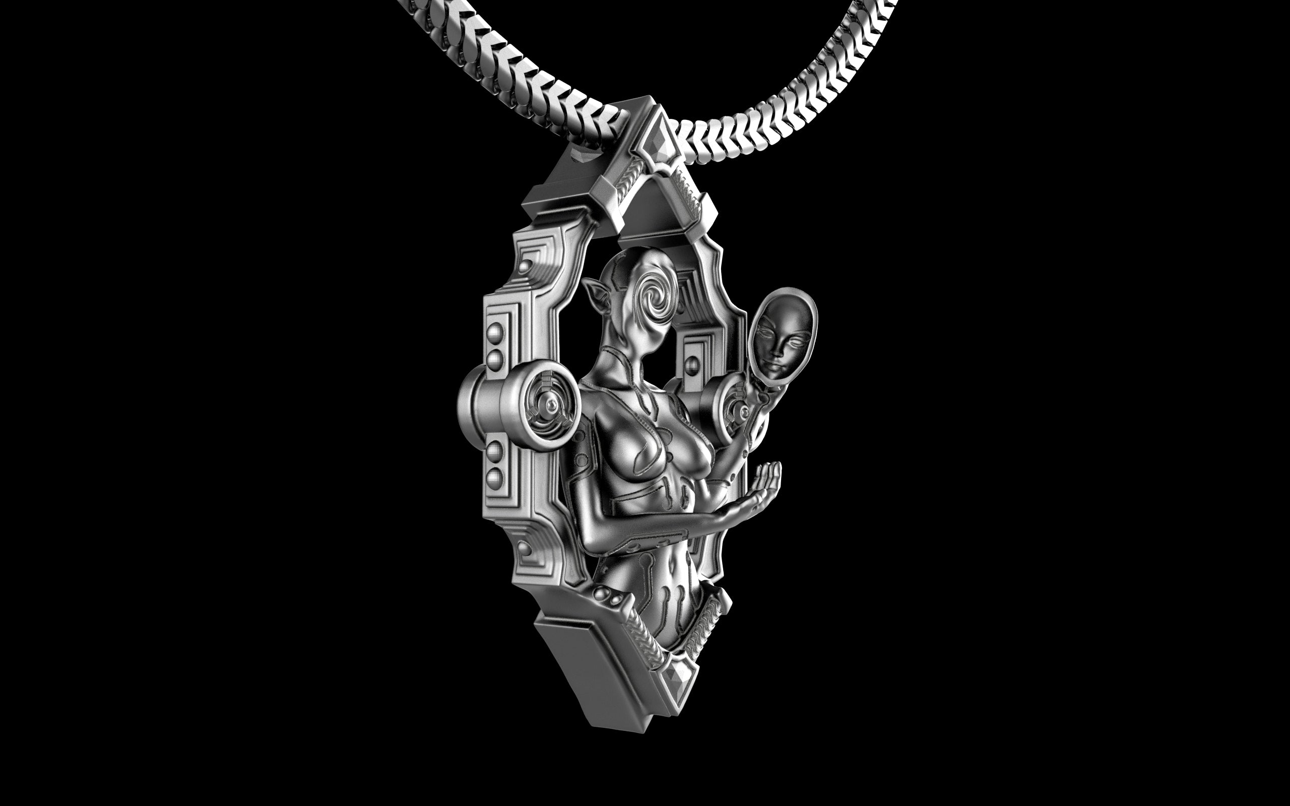 "Void Gaze" Biomechanical Cyberpunk Pendant with Chain - Sterling Silver / Brass / Bronze