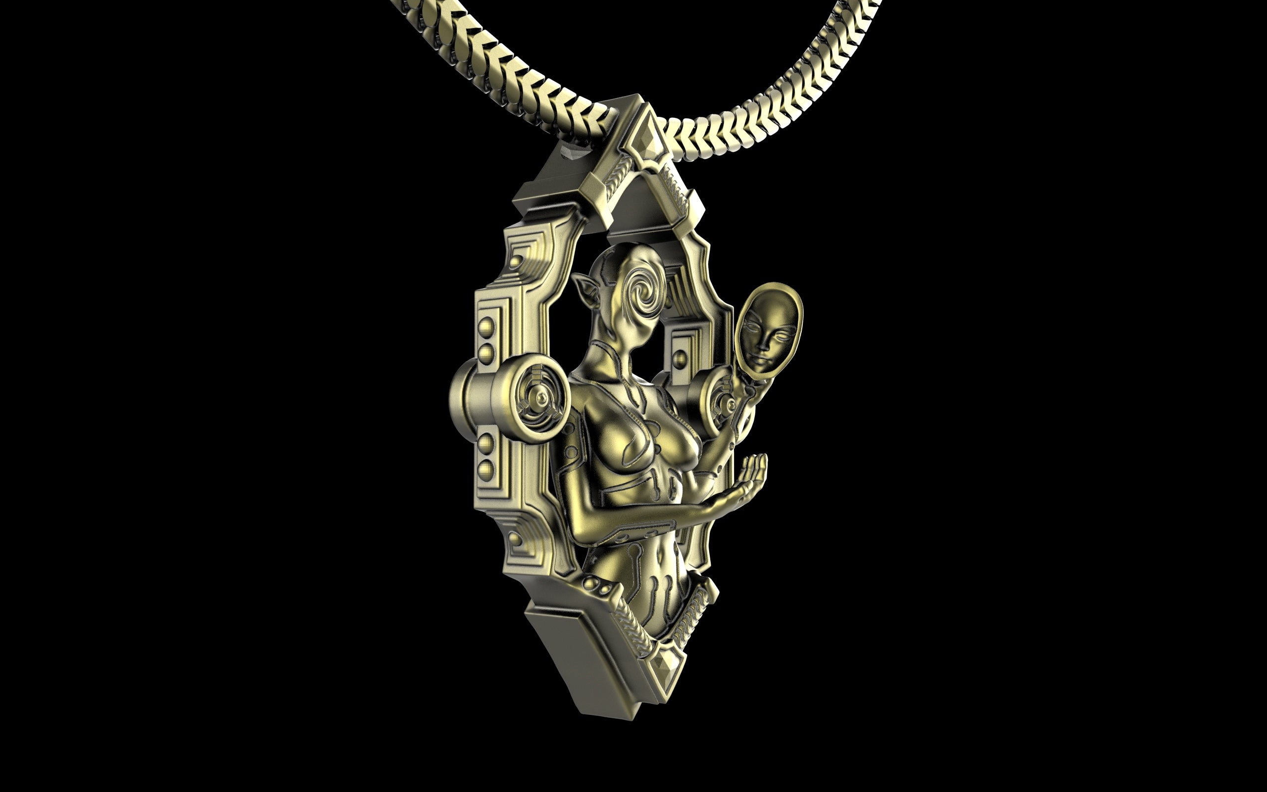 "Void Gaze" Biomechanical Cyberpunk Pendant with Chain - Sterling Silver / Brass / Bronze