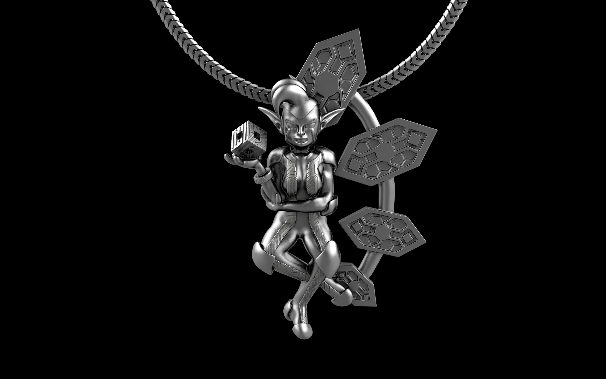 "Anomalia" Cyber Pixie - Cyberpunk Pendant with Chain in Brass Jewelry