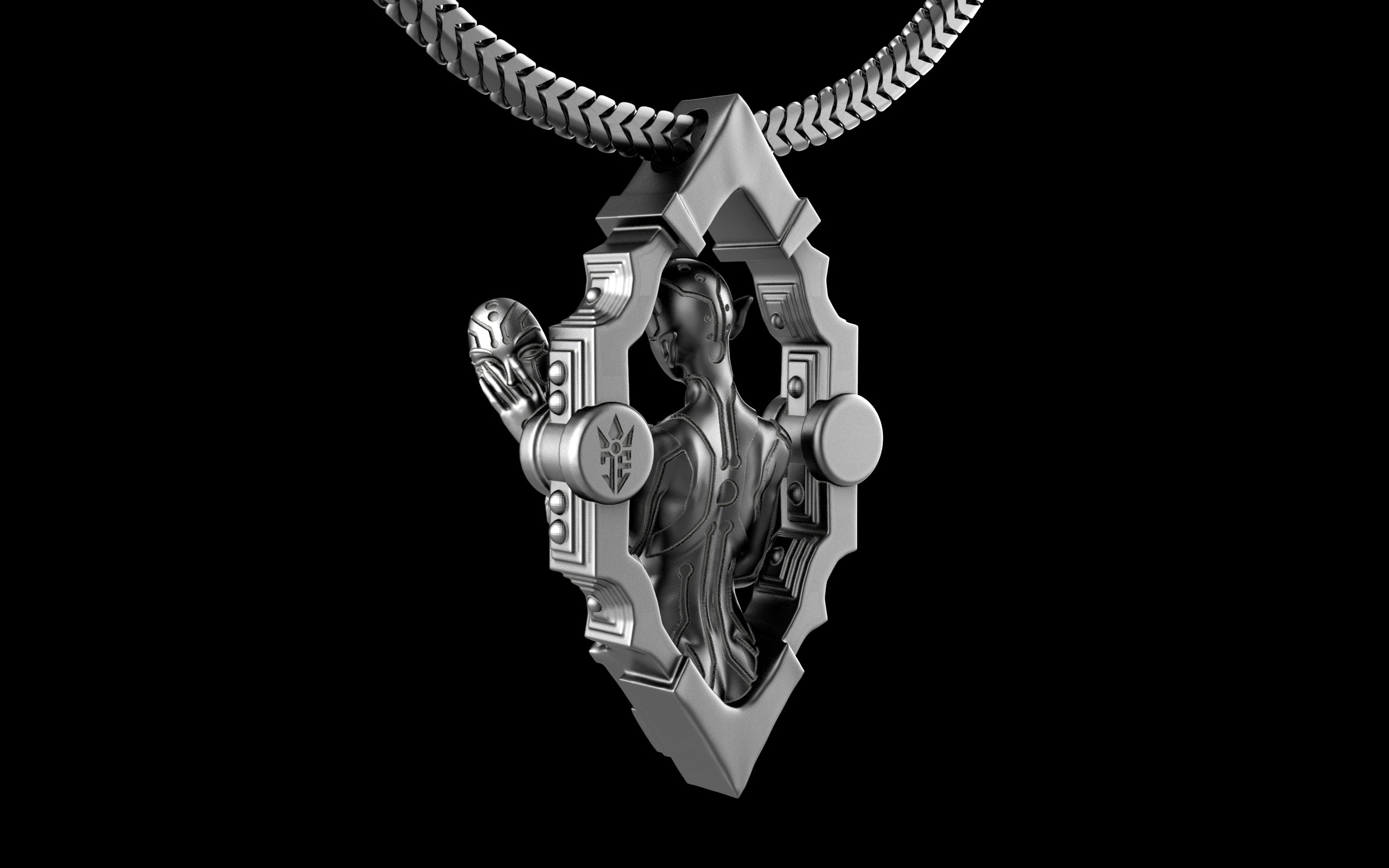 "Void Gaze" Biomechanical Cyberpunk Pendant with Chain - Sterling Silver / Brass / Bronze
