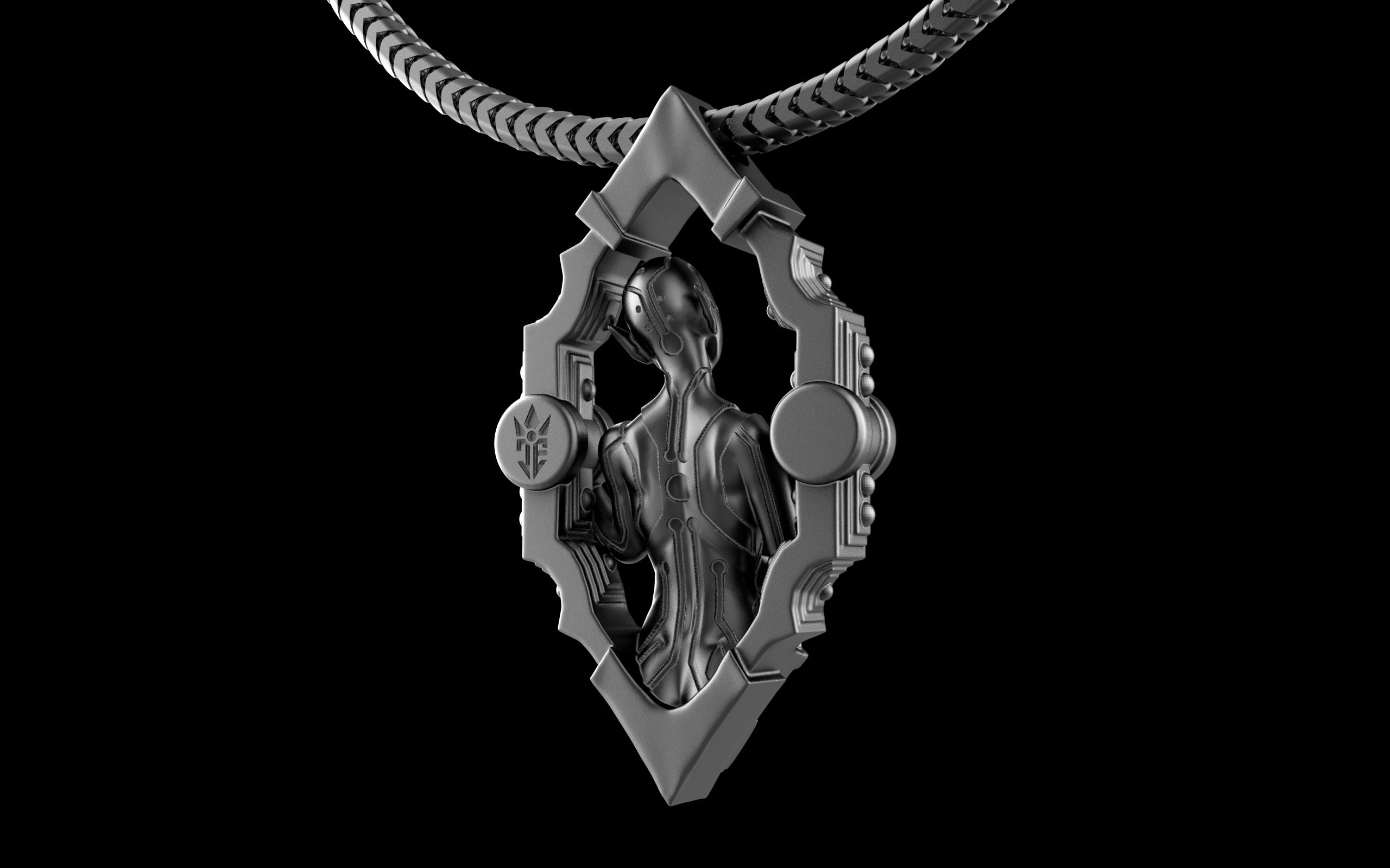 "Void Gaze" Biomechanical Cyberpunk Pendant with Chain - Sterling Silver / Brass / Bronze