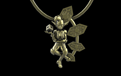 "Anomalia" Cyber Pixie - Cyberpunk Pendant with Chain in Brass Jewelry