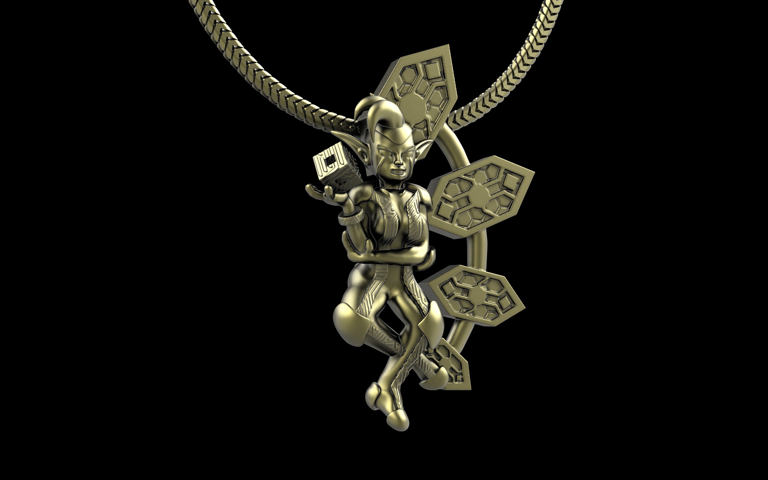 "Anomalia" Cyber Pixie - Cyberpunk Pendant with Chain in Brass Jewelry
