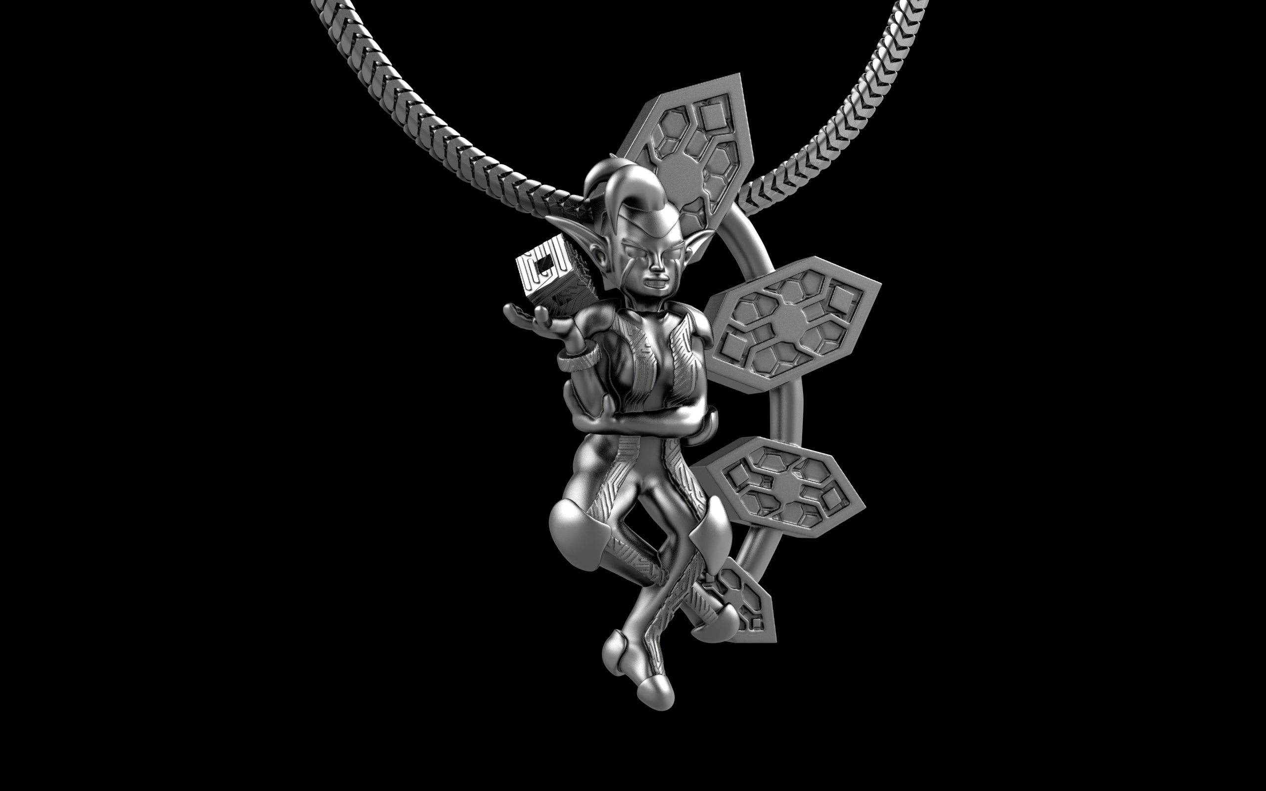 "Anomalia" Cyber Pixie - Cyberpunk Pendant with Chain in Brass Jewelry