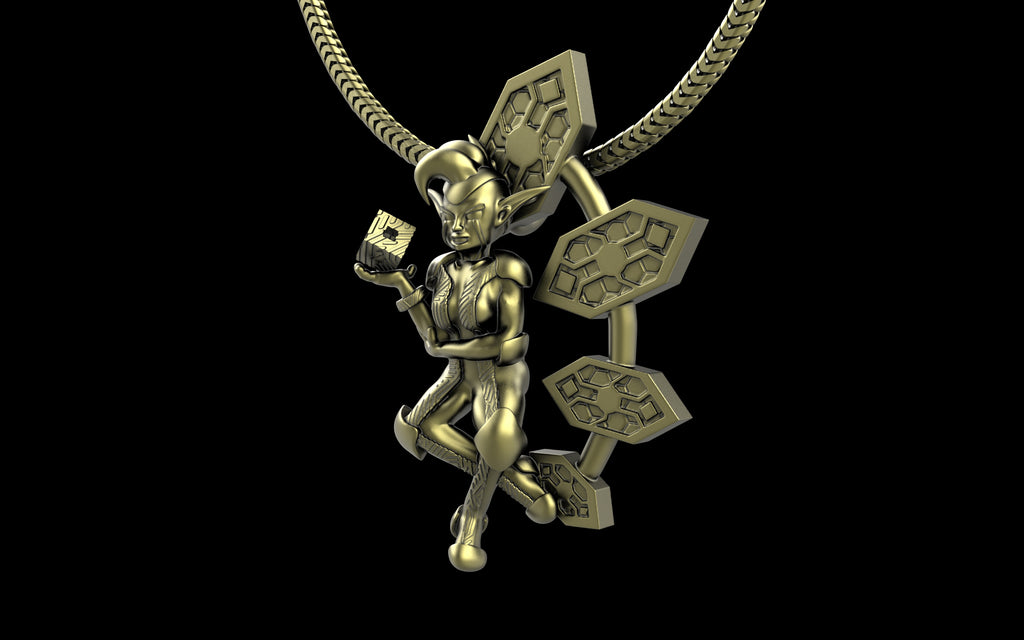 "Anomalia" Cyber Pixie - Cyberpunk Pendant with Chain in Brass Jewelry