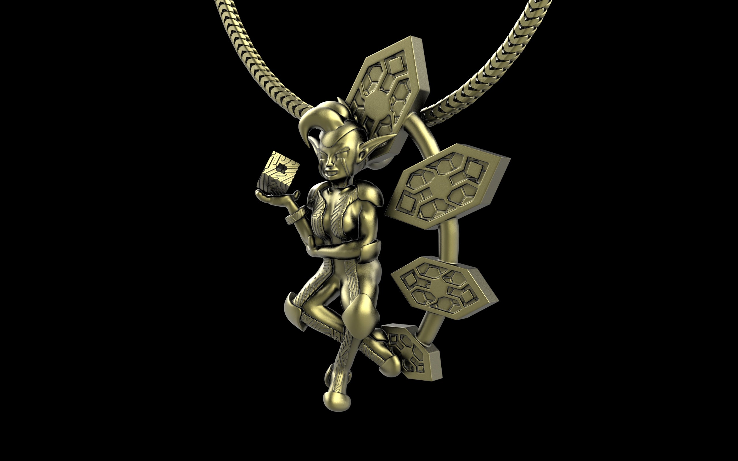 "Anomalia" Cyber Pixie - Cyberpunk Pendant with Chain in Brass Jewelry