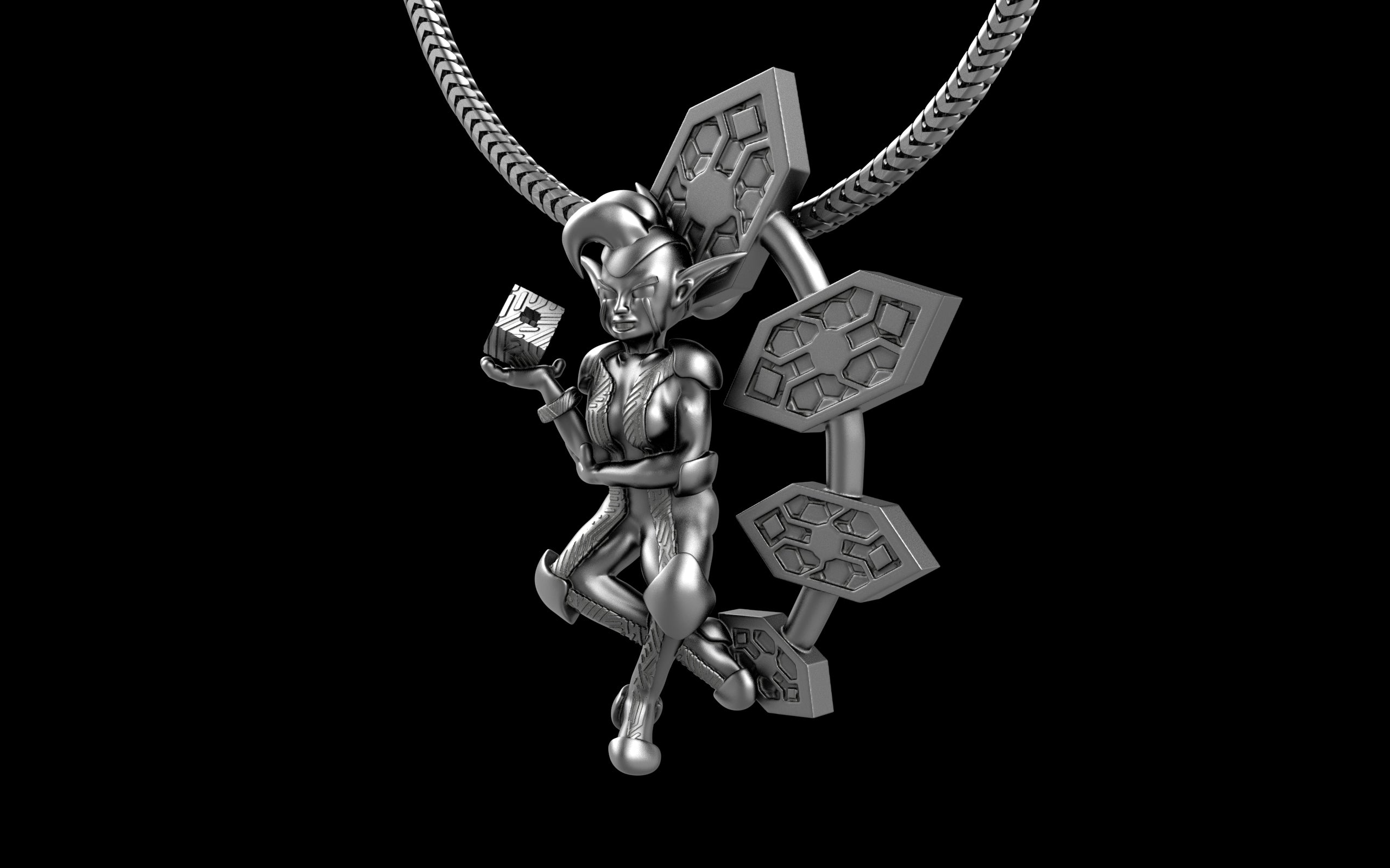 "Anomalia" Cyber Pixie - Cyberpunk Pendant with Chain in Brass Jewelry