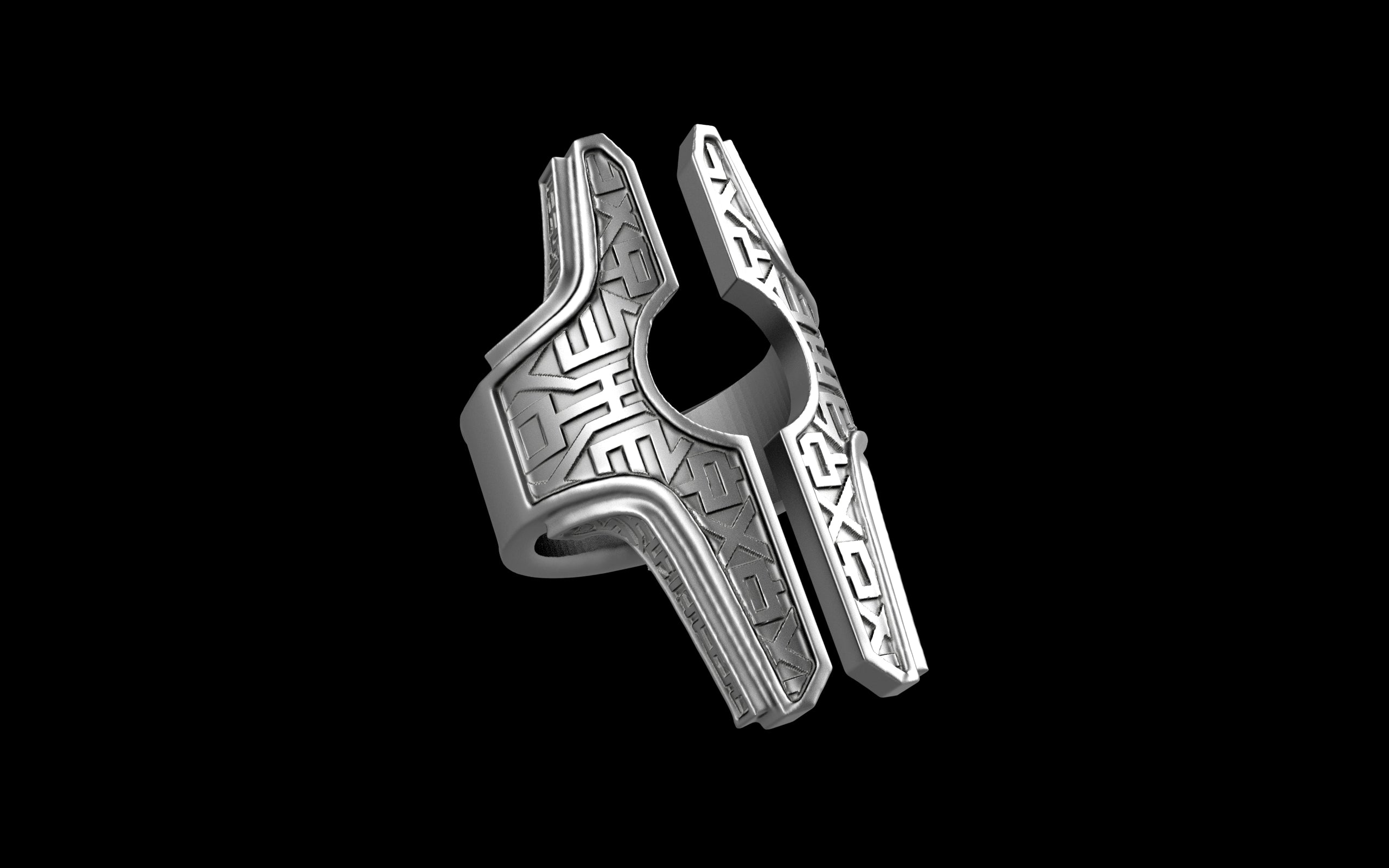 "Asteraph" Future Tribal Patterned Symmetrical Ring - Sterling Silver / Brass / Bronze