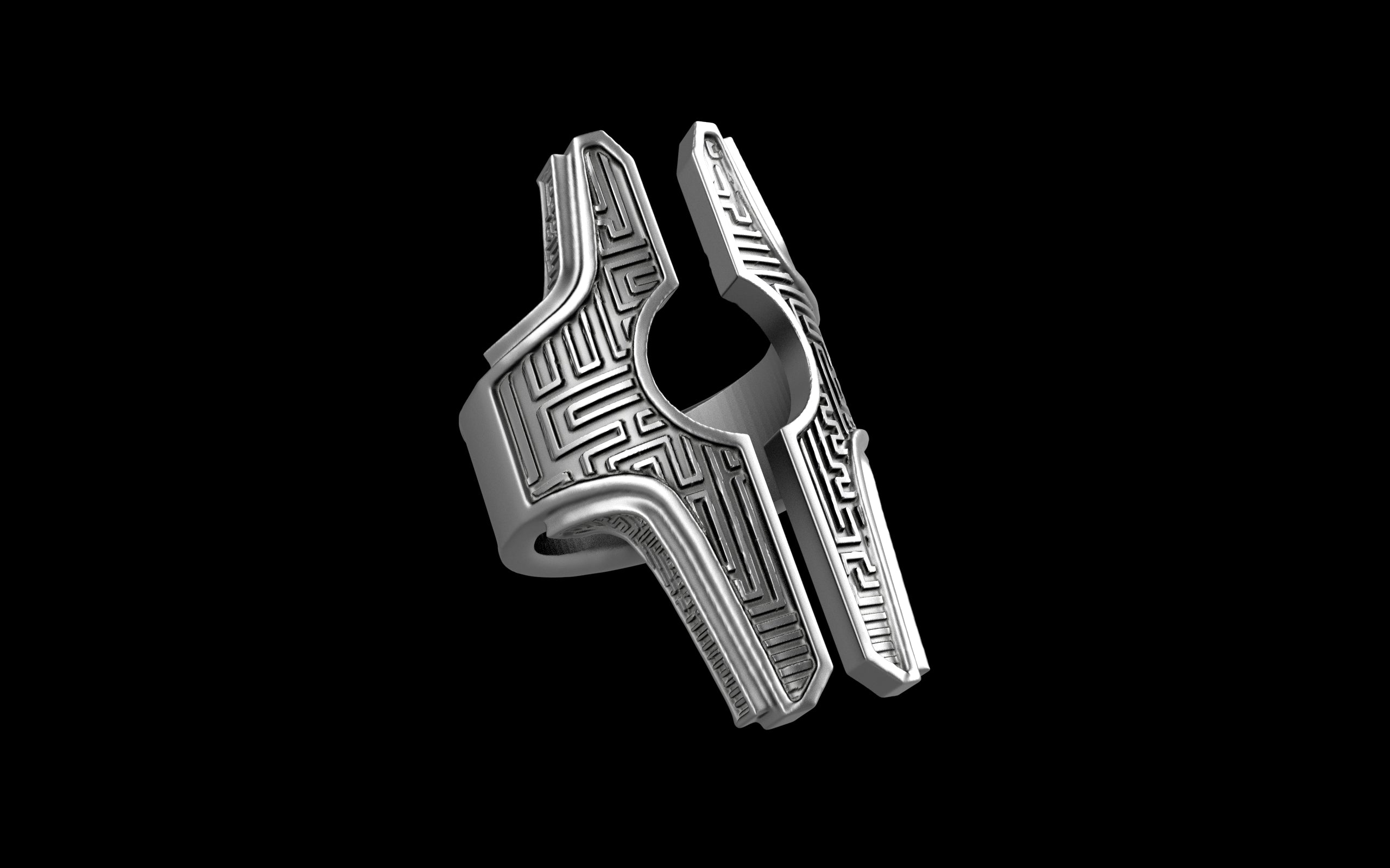"Asteraph" Future Tribal Patterned Symmetrical Ring - Sterling Silver / Brass / Bronze
