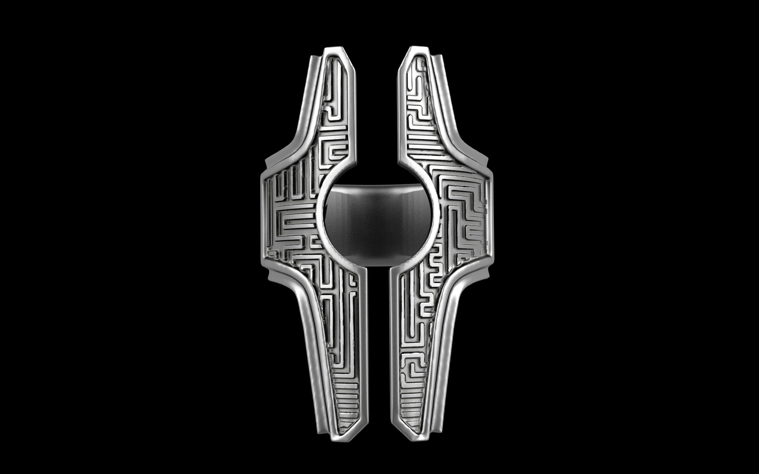 "Asteraph" Future Tribal Patterned Symmetrical Ring - Sterling Silver / Brass / Bronze