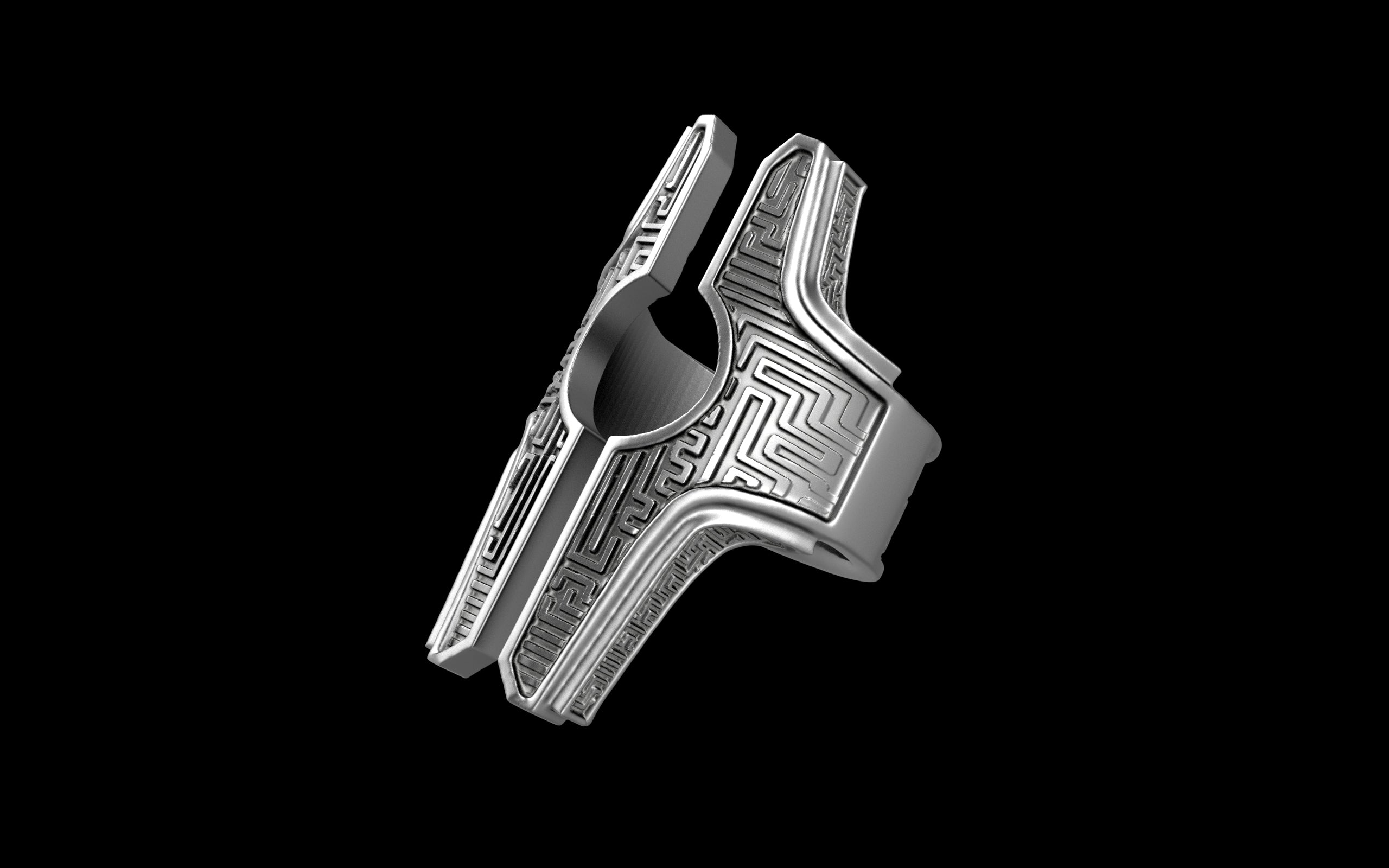 "Asteraph" Future Tribal Patterned Symmetrical Ring - Sterling Silver / Brass / Bronze