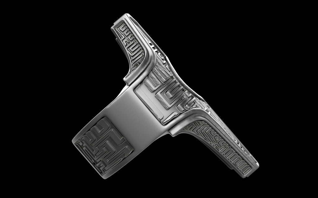 "Asteraph" Future Tribal Patterned Symmetrical Ring - Sterling Silver / Brass / Bronze
