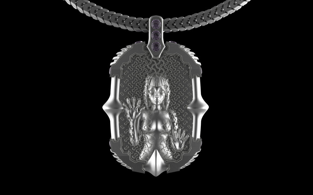 "Dissipation Error" Biomechanical Cyberpunk Pendant with Chain - Sterling Silver / Brass / Bronze